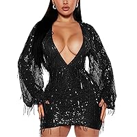 Womens Sexy Long Sleeve Deep v Neck Sequins Tassel Pearls Bodycon Party Clubwear Dress
