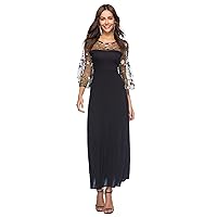 BaronHong Women's Sheer Mesh Floral Embroidery Party Maxi Dress with Pagoda Sleeves(Black,L)
