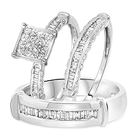 14K White Gold Over His/Her Wedding Trio Ring Set 7/8Ct Princess/Baguette Sim Diamond