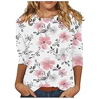 3/4 Length Sleeve Womens Tops Casual Loose Fit Crewneck T Shirts Cute Floral Printed Three Quarter Length Tunic Tops