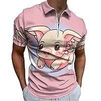 Cute Flying Pig Mens Polo Shirts Quick Dry Short Sleeve Zippered Workout T Shirt Tee Top