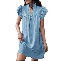 Today's Deals of The Day Womens Summer V-Neck Dress Ruffle Cap Short Sleeve Sundress Loose Mini T-Shirt Dresses Cotton Linen Tunic Dress Cover Up Dresses for Women Light Blue