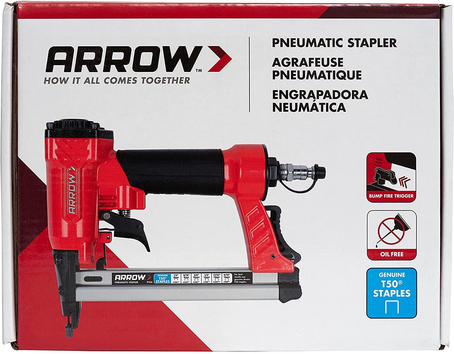 Arrow PT50 Oil-Free Pneumatic Staple Gun, Professional Heavy-Duty Stapler for Wood, Upholstery, Carpet, Wire Fencing, Fits 1/4”, 5/16”, 3/8