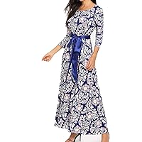 Digital Print Belt Seven-Minute Sleeve Long Dress Lady