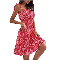 Polka Dot Dress for Women Tie Strap Sleeveless Smocked High Waist Pleated Loose Flowy Tiered Swing Summer Mini Dress