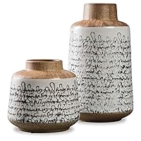 Megan Ceramic & Wood 2 Piece Decorative Vase Set, Light Brown & Black