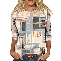 Trendy Tops for Women,3/4 Length Sleeve Womens Tops Vintage Print Graphic Round Neck Shirt Spring Tops for Women 2024