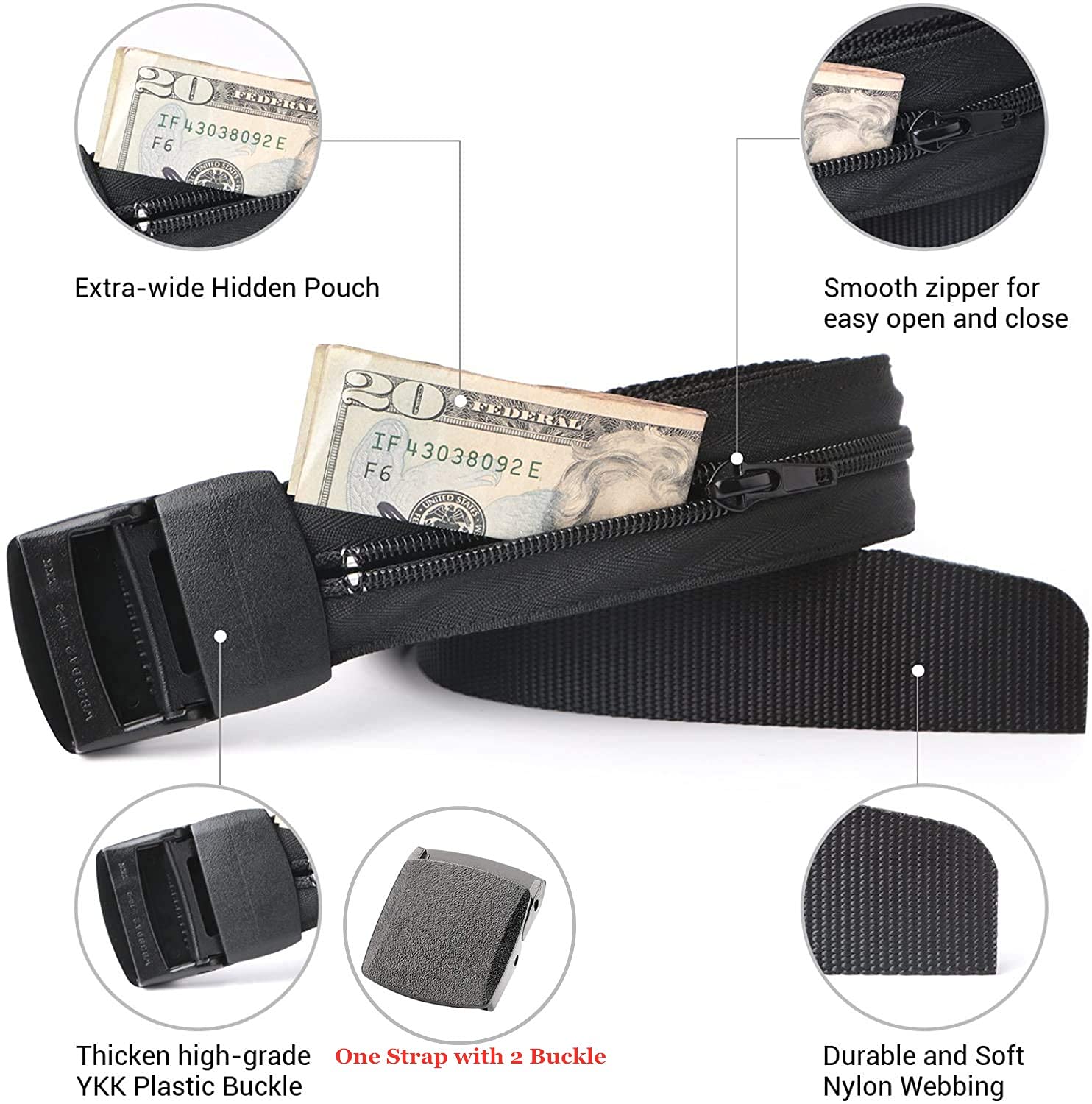 Travel Security Money Belt with Hidden Money Pocket - Cashsafe Anti-Theft Wallet Unisex Nickel free Nylon Belt by JASGOOD