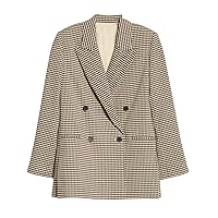 Women's Small Checked Blazer Double Breasted Suit Jacket Peak Lapel Tuxedos Coat Uniform Formal Business Party
