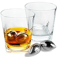 Whiskey Glasses - Set Of 2 Whiskey Glasses & 4 Unique Football Shaped Chilling Rocks - 9 oz Bourbon Glass - Scotch Glass - Old Fashion Whiskey Drinks Glass & Cocktail Glass
