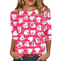 Big Valentines Shirt, Women's Casual Round Neck 3/4 Sleeve Loose Valentine's Day Hearts Printed T-Shirt Ladies Top