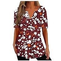 Dress Shirts for Women Henley Neck Summer Tunic Tops Color Block Vintage Short Sleeve Tops Button Up Casual Blouses
