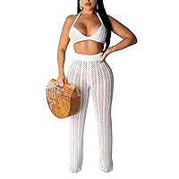 Salimdy Women Crochet Cover Up Hollow Out Knitted See Through 2 Piece Outfits Halter Bandeau Top Long Pant Swimsuit