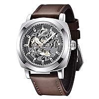 Benyar Men's Automatic Mechanical Watch Leather Strap Golden Movement 45 mm Skeleton Dial Water and Scratch Resistant