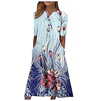 My Orders Summer Dresses for Women 2024 Trendy Crewneck/V Neck Maxi Dress Short Sleeve Dressy Casual Sundress with Pocket Today Deals(5-Blue,XX-Large)