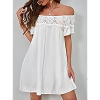 Summer Dresses for Women 2022 Contrast Guipure Lace Off Shoulder Tunic Dress Dresses for Women (Color : White, Size : X-Small)