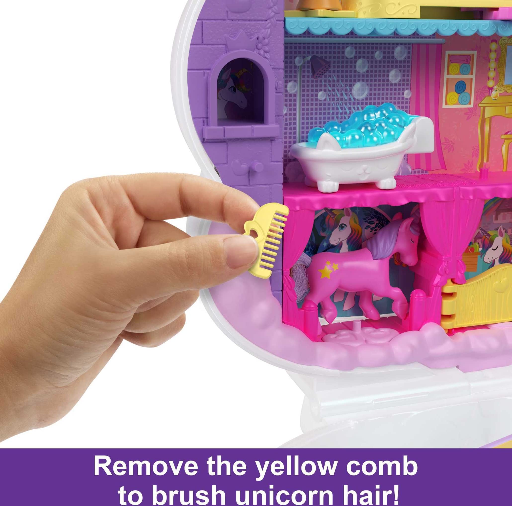 Polly Pocket 2-In-1 Travel Toy, Rainbow Unicorn Salon Styling Head with 2 Micro Dolls & 20+ Accessories