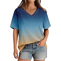 Summer Plus Size Tops Women's Casual Tops V-Neck Short Sleeve T-Shirt Printed Pullover Top Fashion Simple T-Shirt