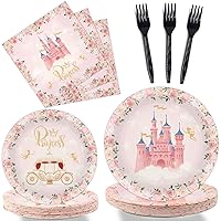96 Pcs Princess Party Plates and Napkins Party Supplies Pink Floral Princess Party Tableware Set Princess Party Decorations Favors for Girls Birthday Baby Shower Serves 24