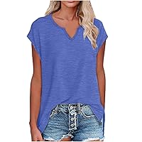 Women's Cap Sleeve Shirts Side Slit Hem Casual V Neck Tee Tops Summer Loose Fit Comfy Solid Color Tunic Blouses