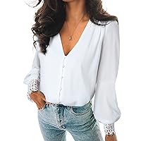 Astylish Womens Sexy V Neck Lace Lantern Sleeve Tops Button Down Shirt Blouse