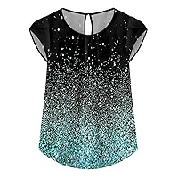 T Shirts for Women Trendy Peplum Tops for Women 2024 Summer Casual Fashion Print Bohemian Loose Fit with Short Sleeve Round Neck Shirts Cyan 4X-Large
