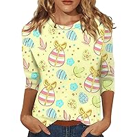 Ladies Three Quarter Sleeve Tshirt Tops Round Neck Shirt Daily Blouse Easter Print Dressy Daily Tunic Trendy Casual Tee