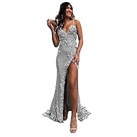 Sparkly Sequin Prom Dress for Women Long Mermaid Lace Formal Dress Evening Gown with Slit