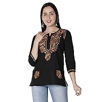 Women's Hand Embroidered Cotton Lucknowi Chikankari Short Kurti Dress Tunic Top