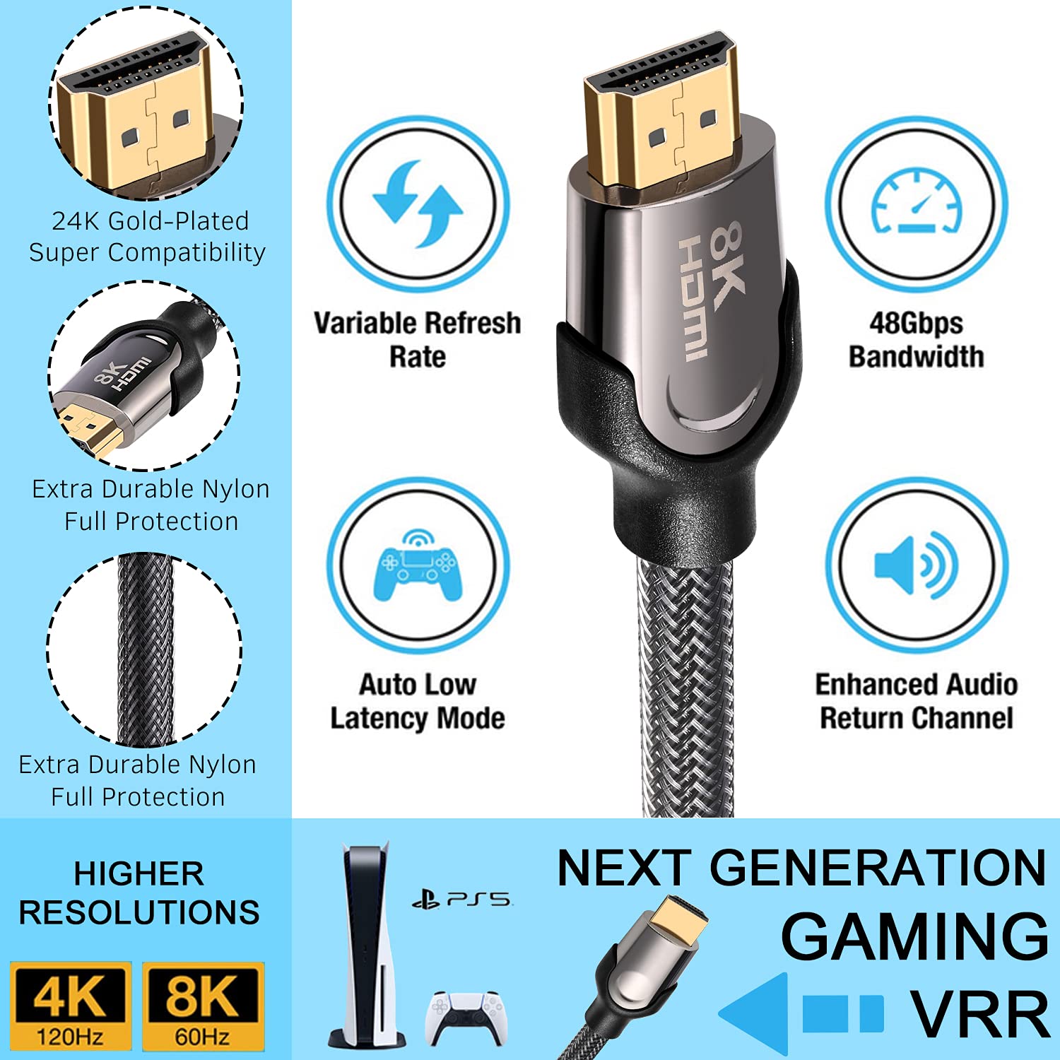 8K HDMI 2.1 Cable, 48Gbps Ultra HD Lead High-Speed Cord, Supports 8K@60Hz, 4K@120Hz, eARC HDR10, HDCP 2.2/2.3 Dolby, 3D, VRR, Compatible with Fire TV/Roku TV/PS5/Xbox/Nintendo Switch and More (26 ft)