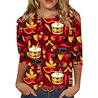 Women's 2024 Mardi Gras Shirt Spring Carnival Outfits Casual Fashion Mask Print Round Neck Three Quarter Sleeve Top