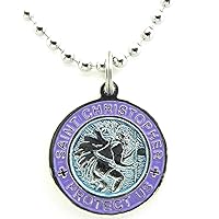 St. Christopher Surf Medal Necklace Pendant, Protector of Travel am-lv Aquamarine-Lavender Small