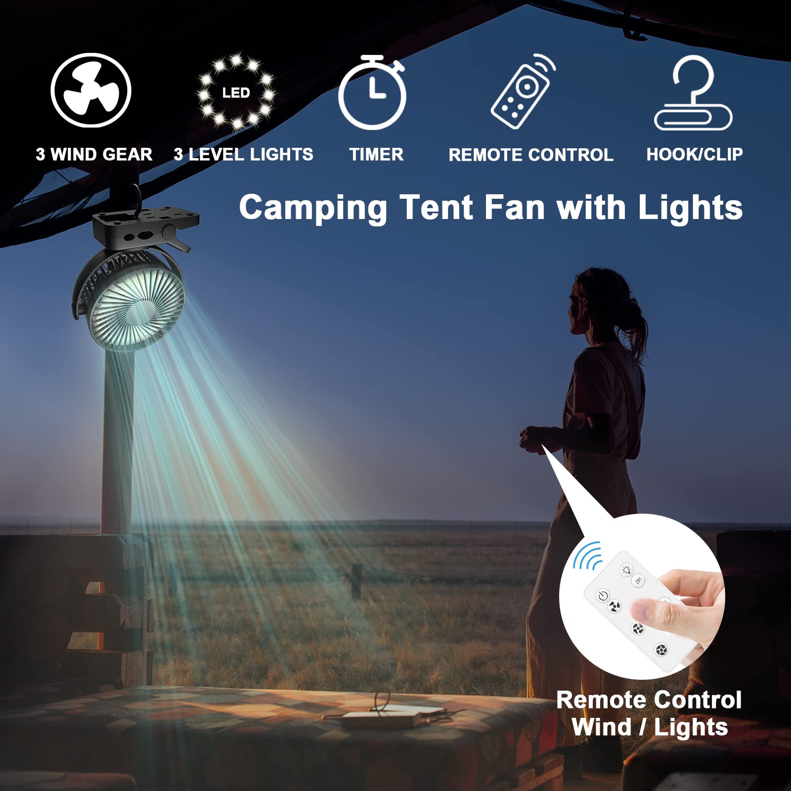 Portable Fan with Remote Control & Timer & LED Lights, 60hrs 12000mAh USB Rechargeable Battery Fan Could Clamp/Hanging/Stand Up, Small Clip on Fan for Baby Stroller, Bed, Desk, Camping Tent, Trave