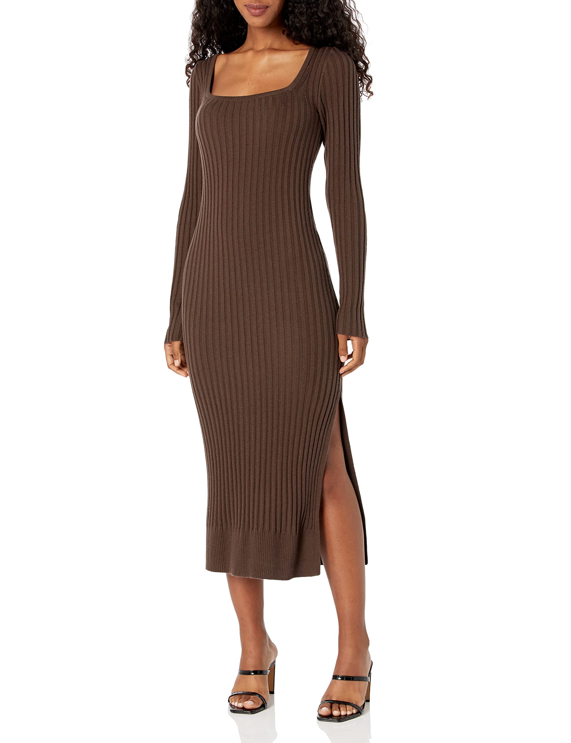 PAIGE Women's Benita Dress Long Sleeve Square Neckline Below The Knee in Brown Taupe