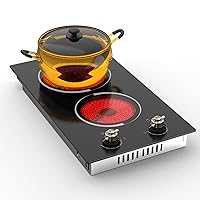 12 Inch Electric Cooktop - 2 Burner Drop-in Radiant Electric Cooktop with Knob Control, Ceramic Electric Stove Top with 9 Heating Levels, Residual Heat Indication, 220-240V Hardwired (No Plug)