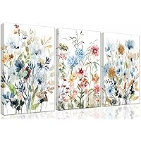3-Pieces Set Framed Watercolor Daisy Flower Canvas Wall Art Colorful Plant Decor Girls Pink Wildflower Pictures Green Leaves Rustic Art Purple Printing Farmhouse decor Living Room Bedroom Bathroom