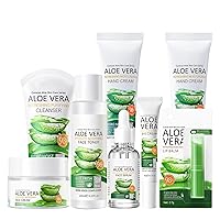 Skin Care Set for Women - Aloe Vera Skin Care Sets & Kits - 8PCS Skincare Gift Set for Teenage Girl with Cleanser-Lip Balm-Eye Cream-Toner-Face Cream-Serum-Hand Cream 2PCS Hydrating Smooth Facial Kit