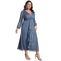 Ever-Pretty Women's V Neck A Line Pleated Tea Length Plus Size Midi Semi Fromal Dress 01977-DA