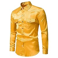 Striped Shirt Men Double Pockets Seamless Long Sleeve Shirts Silky Slim Fit Casual Business Formal Dress Shirt