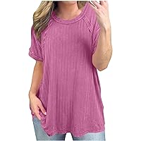 Summer Ribbed Knit Tunic Tops Women Oversized Vintage Patchwork Style T-Shirt Short Sleeve Crewneck Casual Shirts