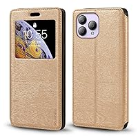 for Cubot P80 Case, Wood Grain Leather Case with Card Holder and Window, Magnetic Flip Cover for Cubot P80 (6.583”) Gold
