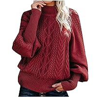 Crewneck Cable Knit Sweater Women Trendy Warm Chunky Knitted Jumper Casual Lantern Sleeve Pullover Sweaters Tops