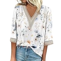 Womens Casual 3/4 Sleeve Shirts Lace V Neck Color Block Dressy Tops Trendy Floral Blouses 2024 Summer Tops for Women