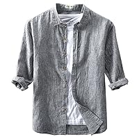 Icegrey Mens Long Sleeve Linen Shirt Striped Solid Color Slim Fit Top