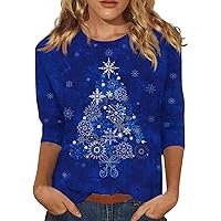 Christmas Shirt for Women Xmas Graphic 3/4 Sleeve Tops Trendy Crew Neck Festival Printed Blouse Holiday Outfit