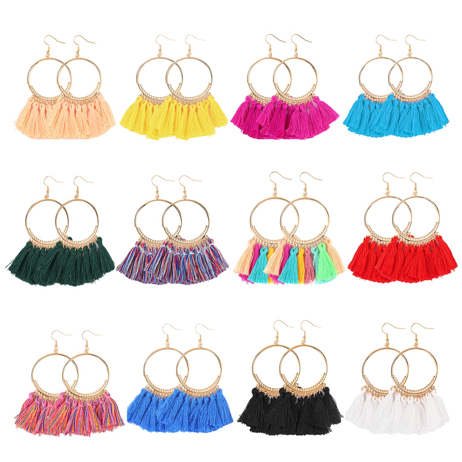 LANTAI 12 Pairs Bohemian Tassel Earrings Set-Trendy Colorful Fringe Summer Beach Statement Earrings for Women Girls