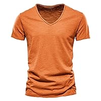 Mens Solid Cotton T-Shirt Workout Pull On V Neck Short Sleeve Shirts Summer Streetwear Stretch Comfortable