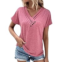 Womens Summer Tops 2024 Loose Pleated Button V-Neck Short Sleeve T Shirts Solid Color Tees Casual Trendy Tunics Clothing