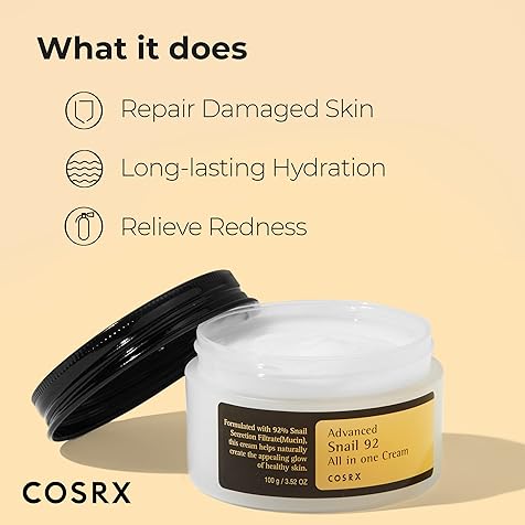 Snail Mucin 92% Repair Cream, Daily Face Gel Moisturizer for Dry Skin, Acne-prone, Sensitive Skin, Not Tested on Animals, No Parabens, Korean Skincare (3.52 Fl Oz (Pack of 1))