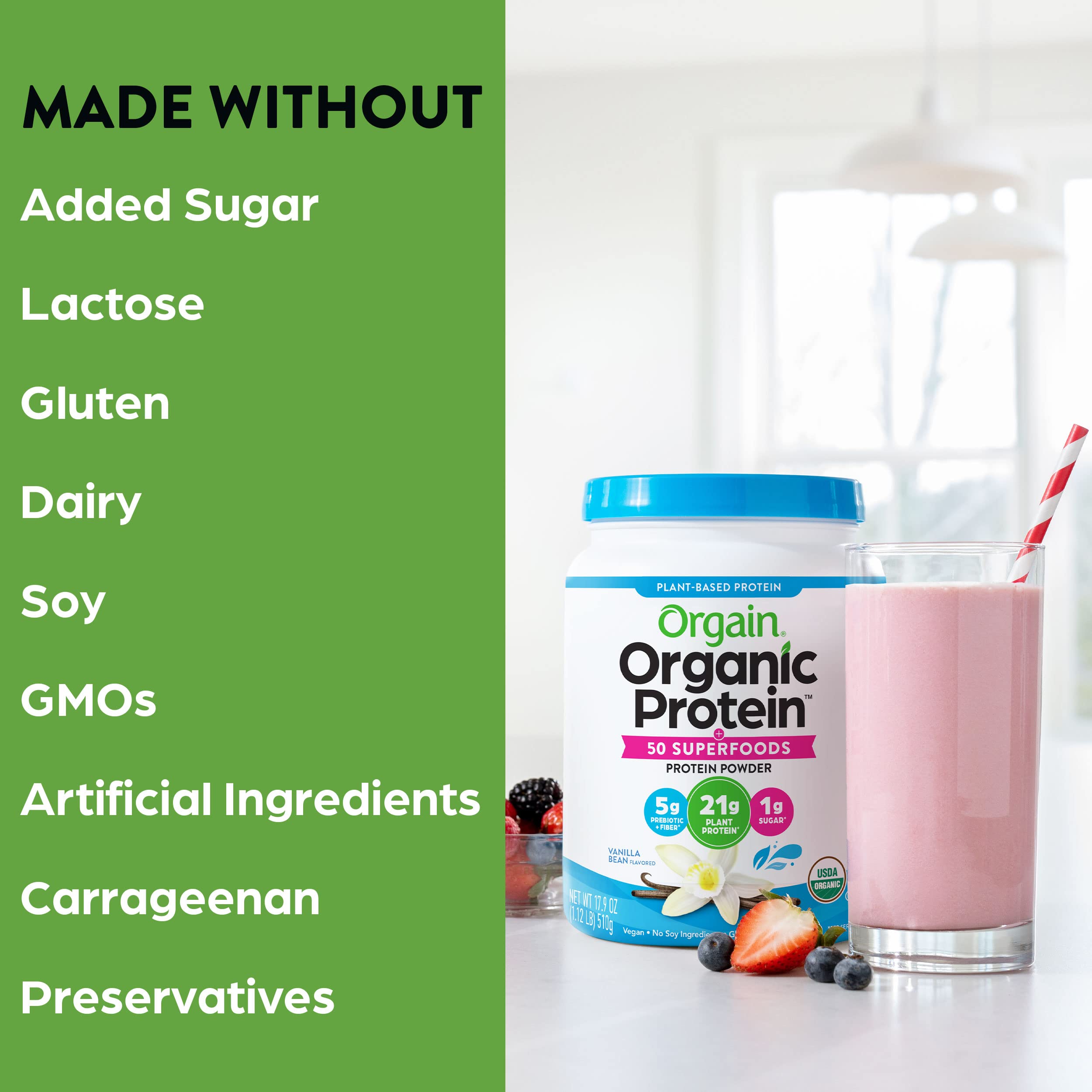 Orgain Organic Protein + Superfoods Powder, Vanilla Bean - 21g of Protein, Vegan, Plant Based, 5g of Fiber, No Dairy, Gluten, Soy or Added Sugar, Non-GMO, 1.12lb